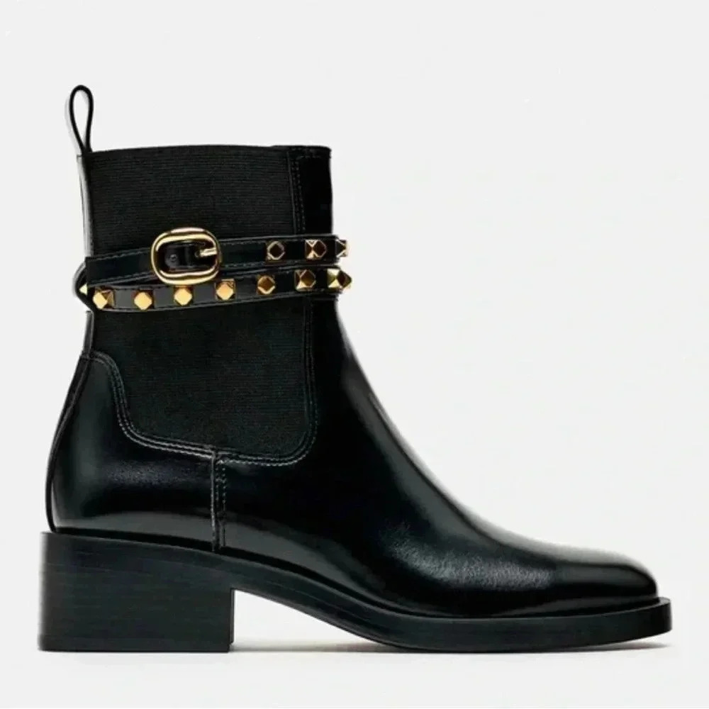 Zara Flat Chelsea Ankle Booties with studded gold straps and buckle (size 10) - Picture 2 of 12